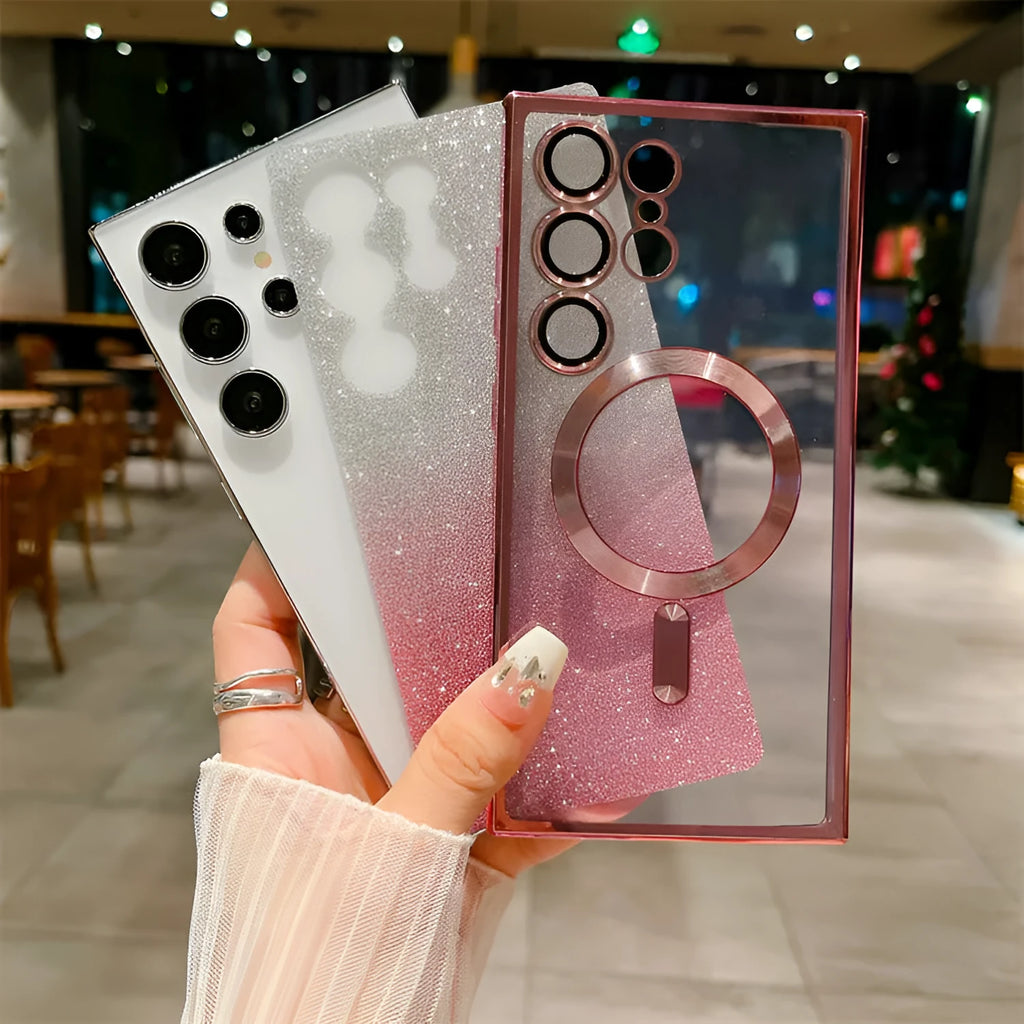 Electroplating magnetic gradient glitter paper soft shell Samsung phone case in dark green, pink, blue, black, gold, purple, silver, red