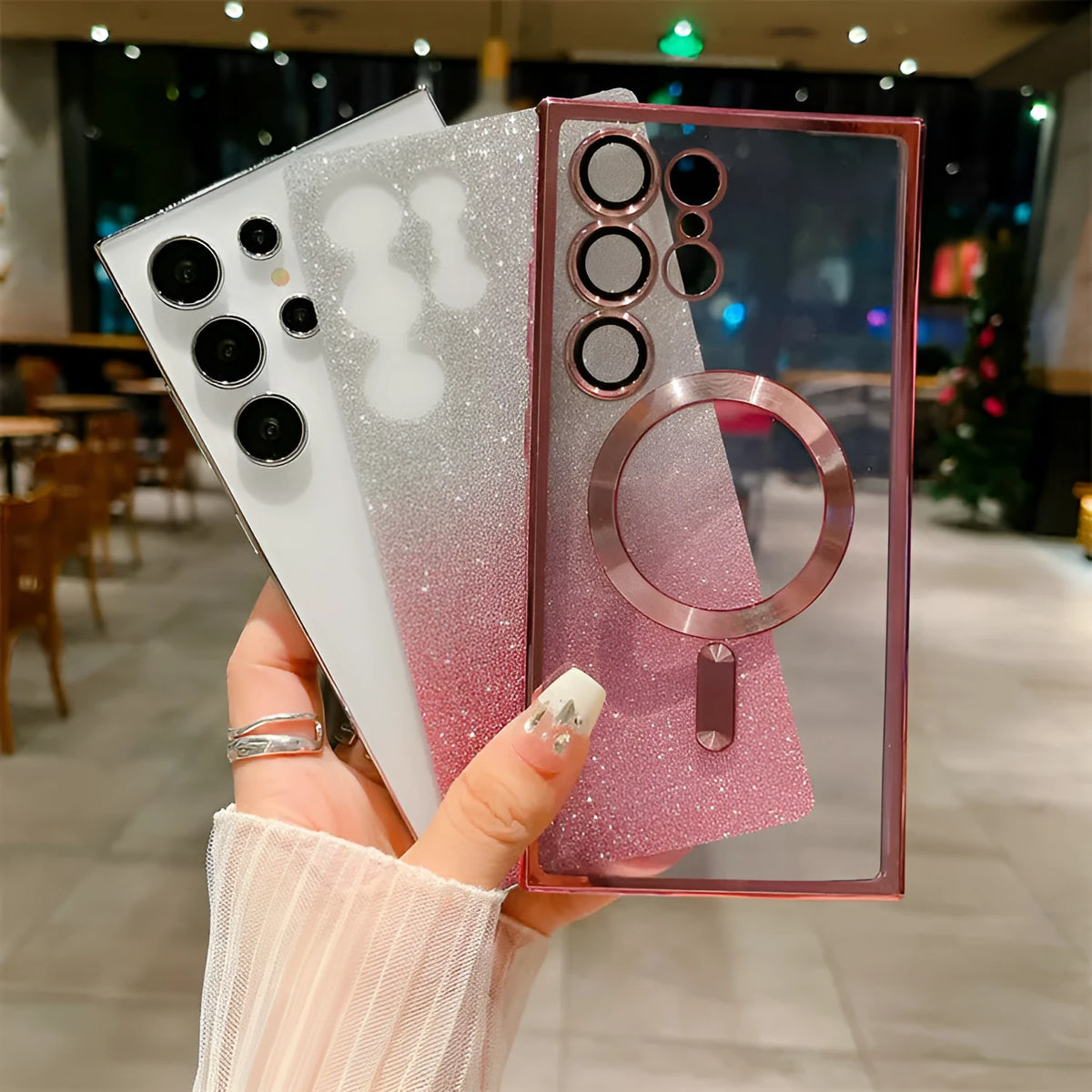 Electroplating magnetic gradient glitter paper soft shell Samsung phone case in dark green, pink, blue, black, gold, purple, silver, red