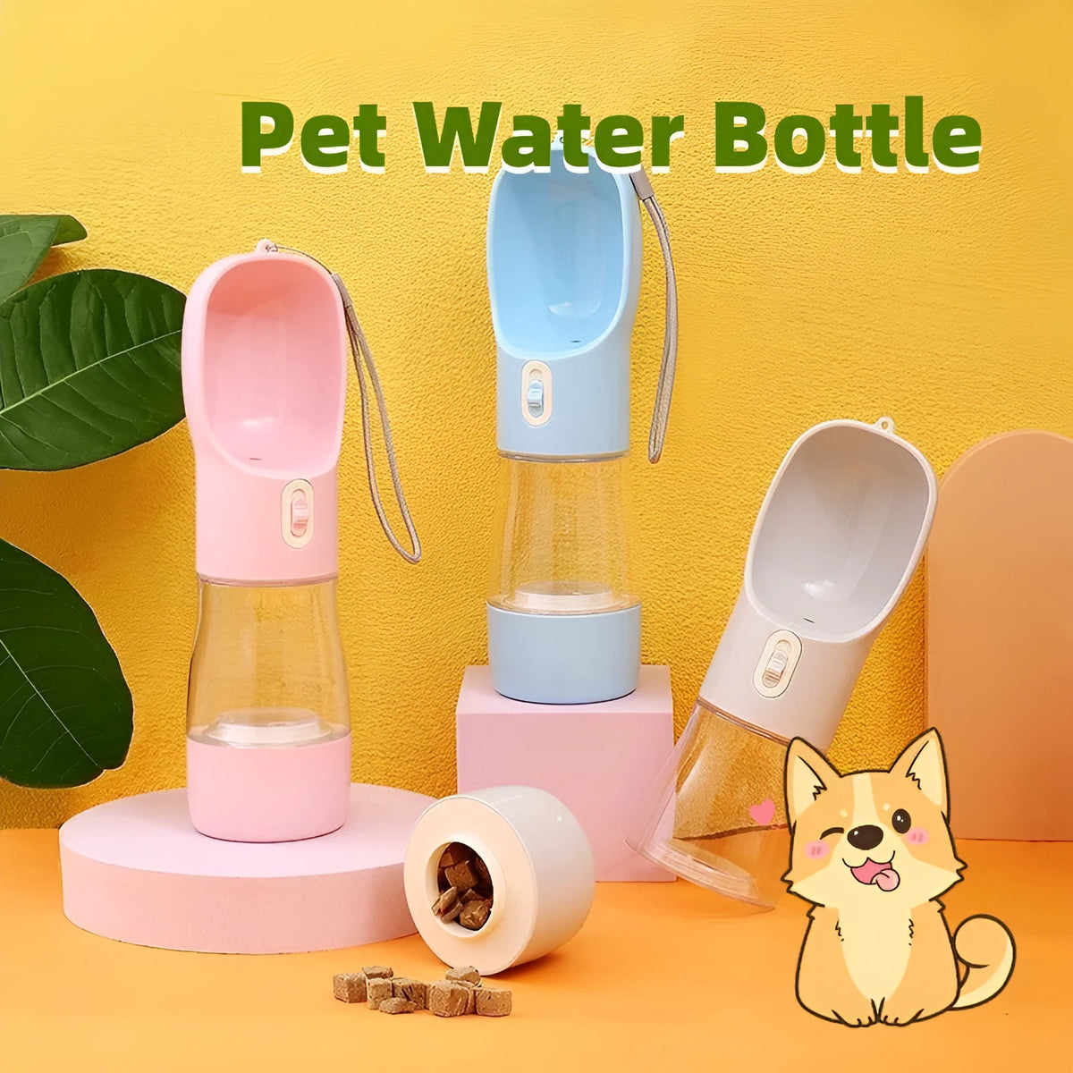 Pet dog water bottle feeder bowl portable outdoor travel 458ml blue plastic