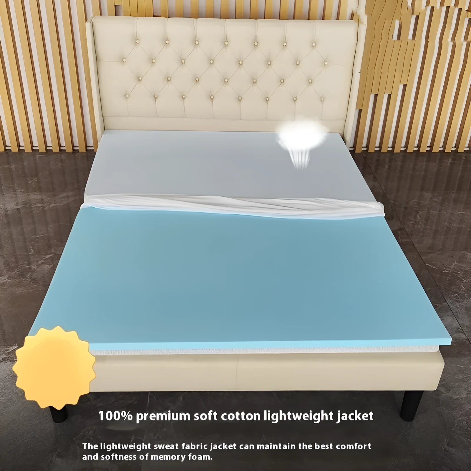 Thin gel memory cotton tatami mattress on a floor, showing its slim profile and textured cover.