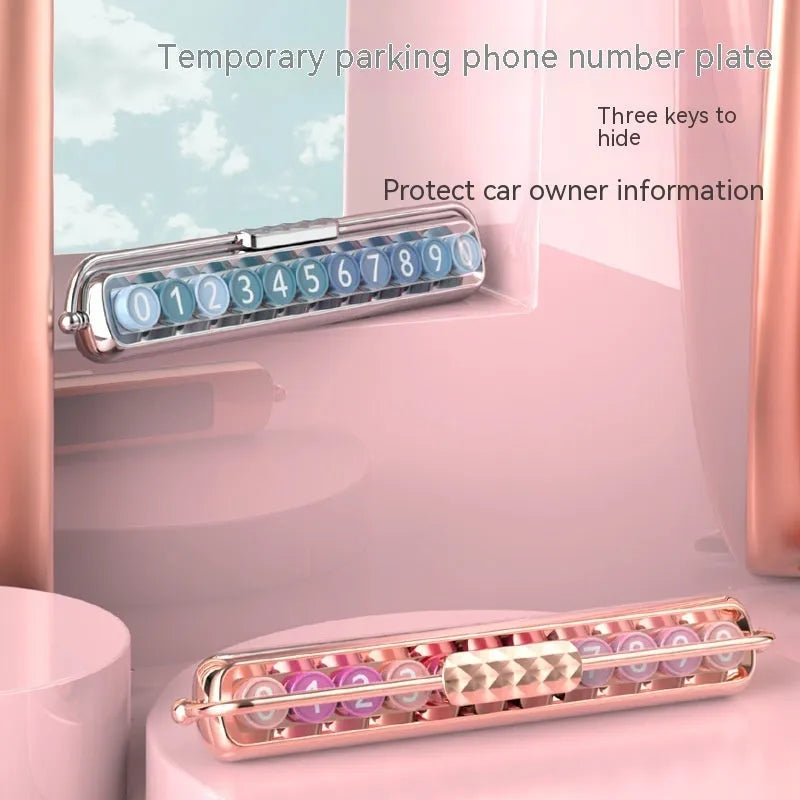 Plastic temporary parking number sign with removable numbers on car dashboard