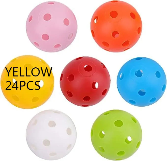 Multi-colour 42mm polyethylene golf practice balls in a net bag.