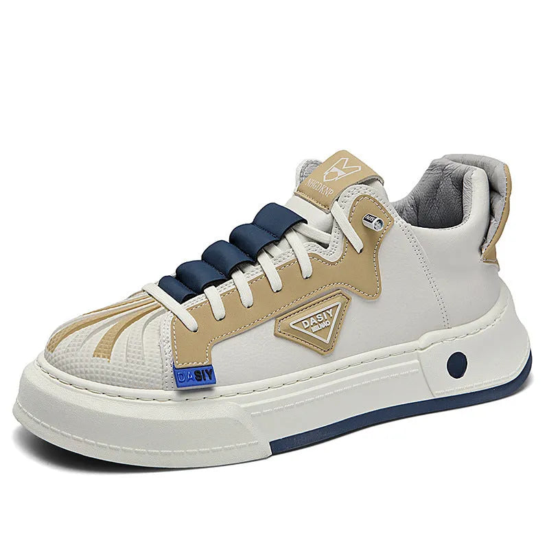 Men's beige low-top sneakers with elastic band and microfiber upper on a white background