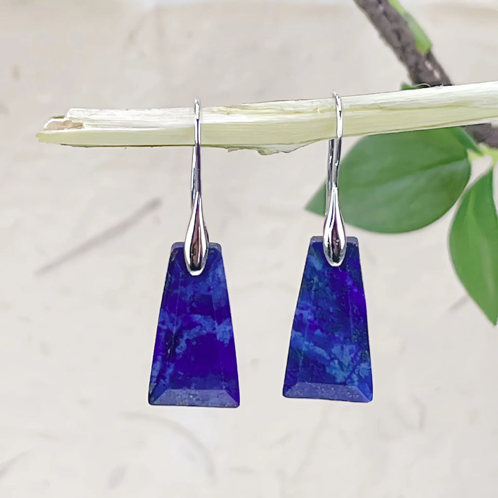 Geometric natural stone and crystal earrings with gold or silver hook in lapis lazuli colourway