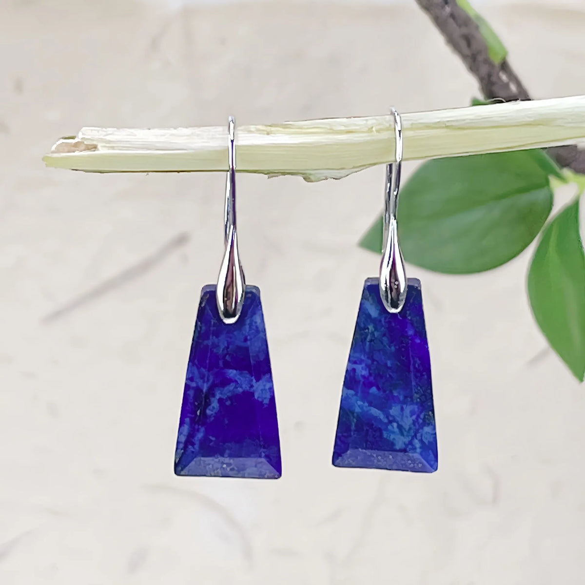 Geometric natural stone and crystal earrings with gold or silver hook in lapis lazuli colourway