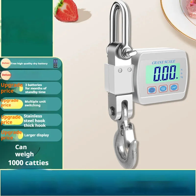 Digital hook scale electronic display with 500kg capacity shown in blue, orange, and white colour options