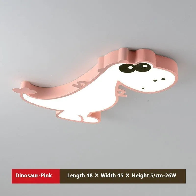 Green cartoon dinosaur ceiling light with aluminium body and PVC shade showing dimming feature