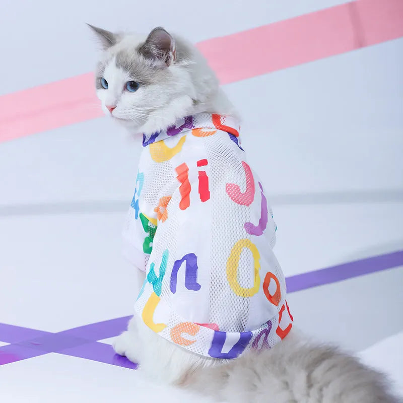 Blue breathable mesh polyester cat vest for small to large cats with anti-hair loss design