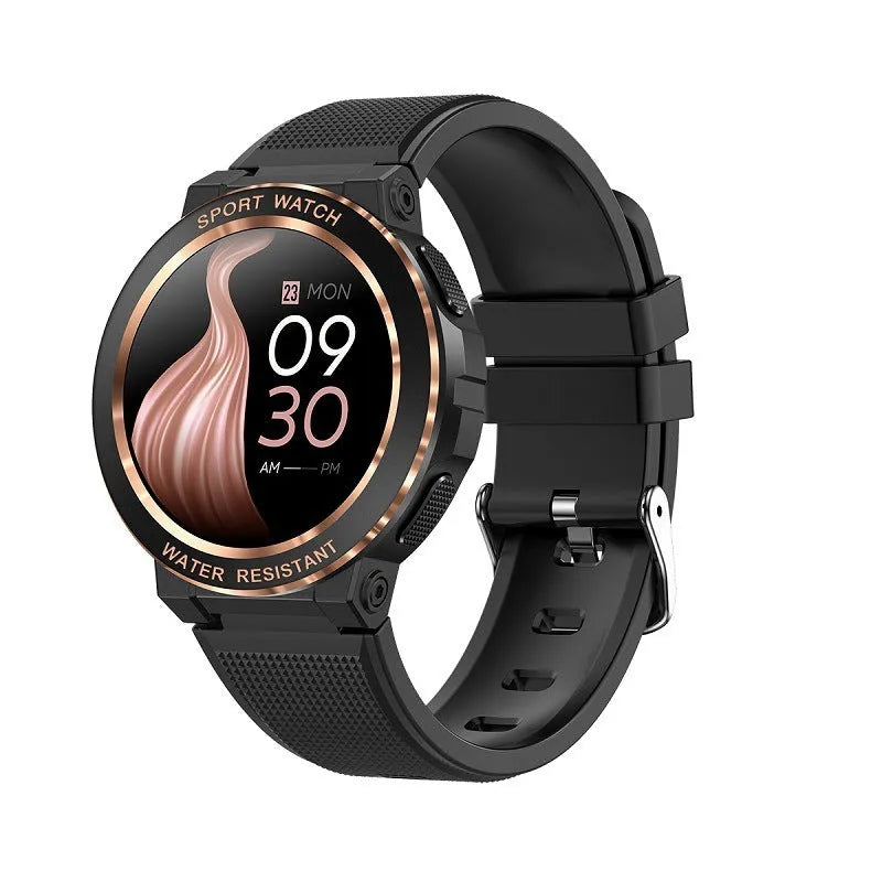 MK60 smart watch in pink with TFT screen showing health data, on a wrist, with Bluetooth call and health monitoring features.