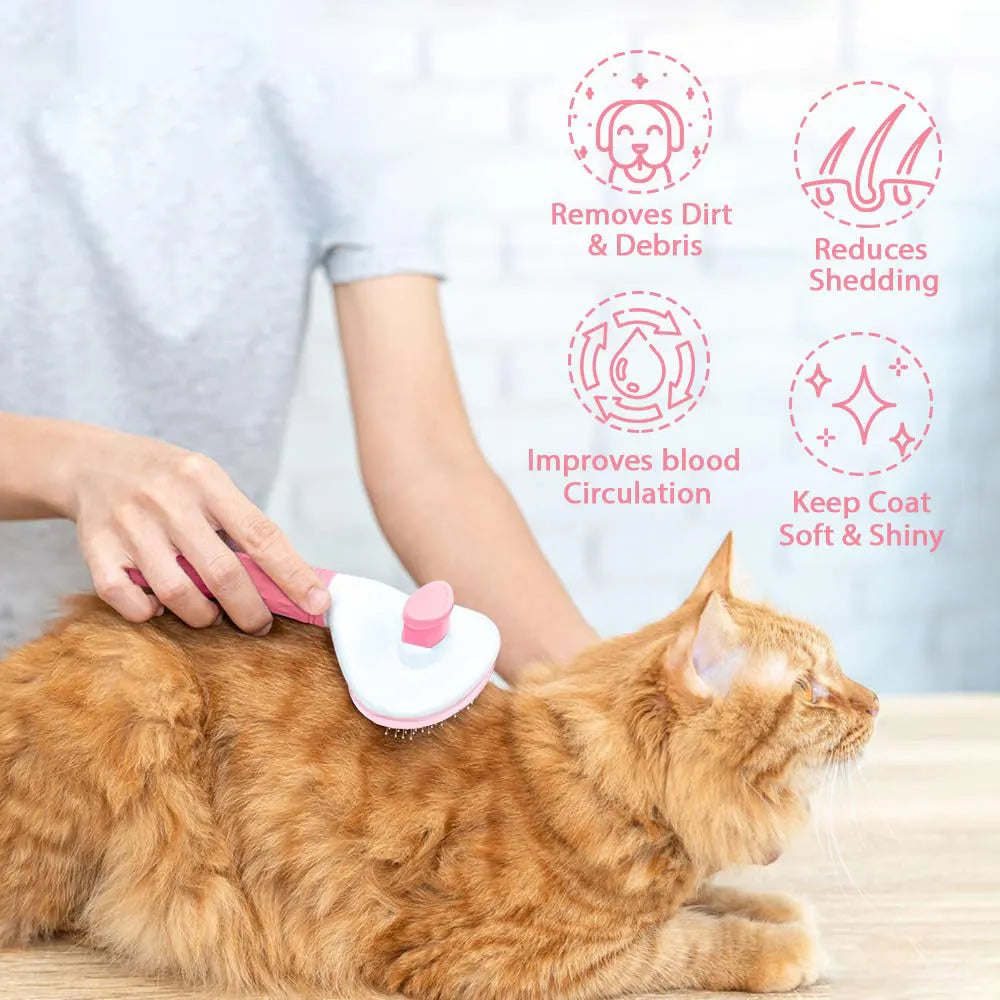 Blue cat grooming brush with a release button and fine wire bristles for removing pet hair.