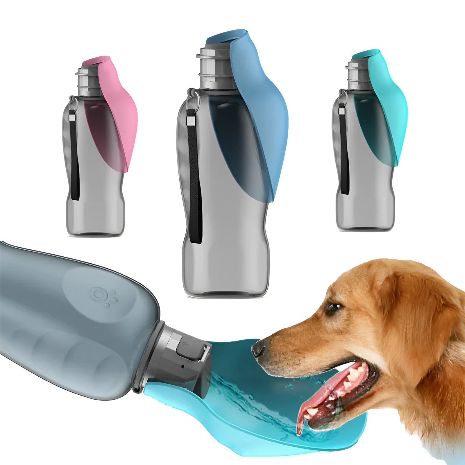 Blue-grey portable dog water bottle with foldable drinking bowl showing 800ml capacity markings