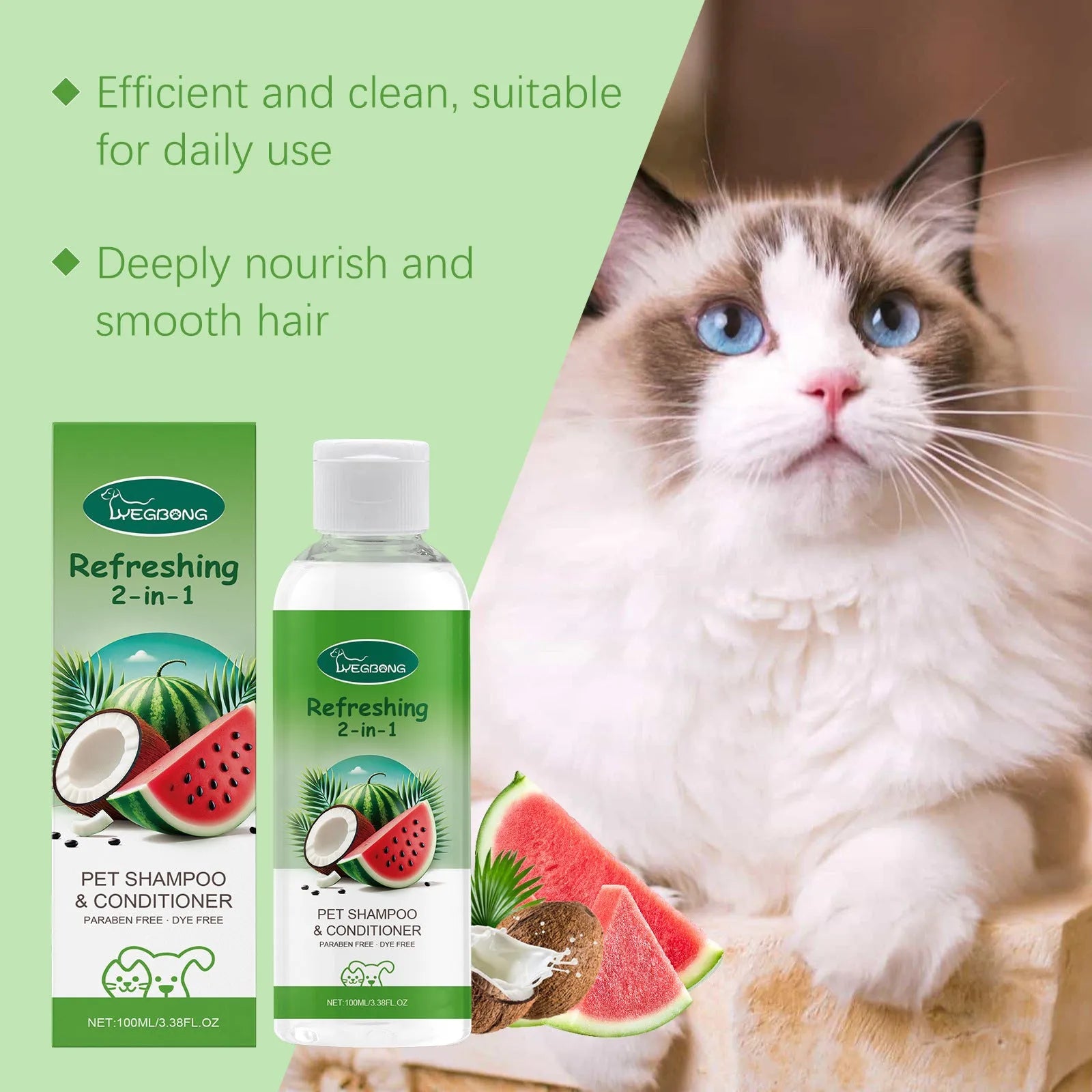 100ml bottle of 2-in-1 pet shampoo and shower gel with coconut extract, measuring 3.8cm wide.