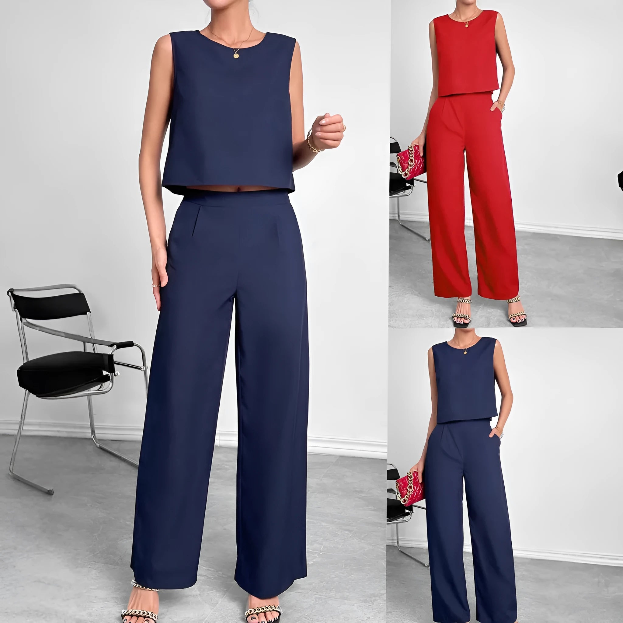Women's red sleeveless top and wide leg pants two-piece casual set on a hanger.