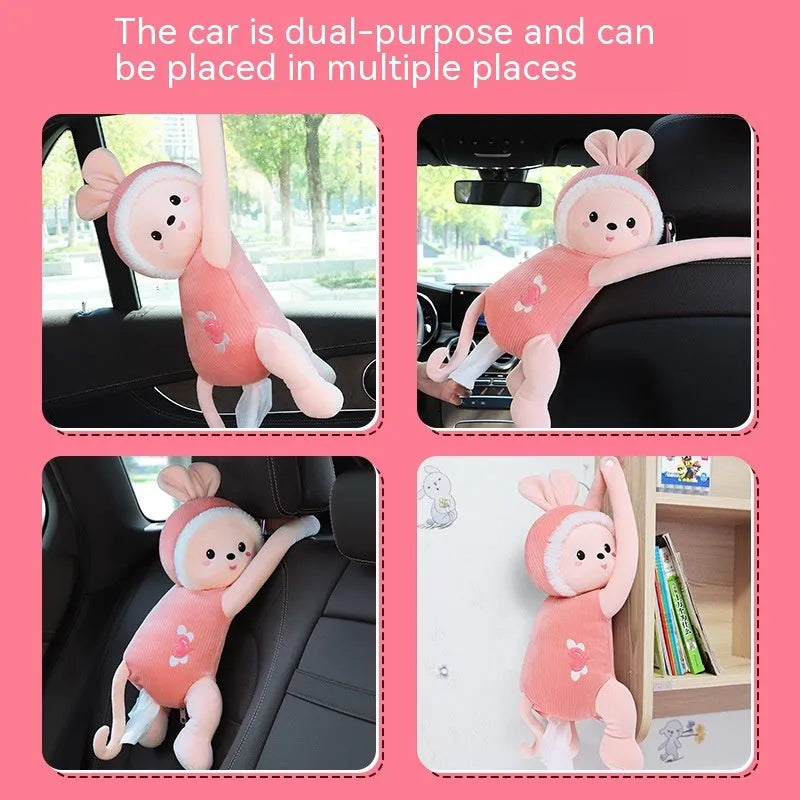 Plush car seat back-mounted tissue box holder with elastic strap in animal design