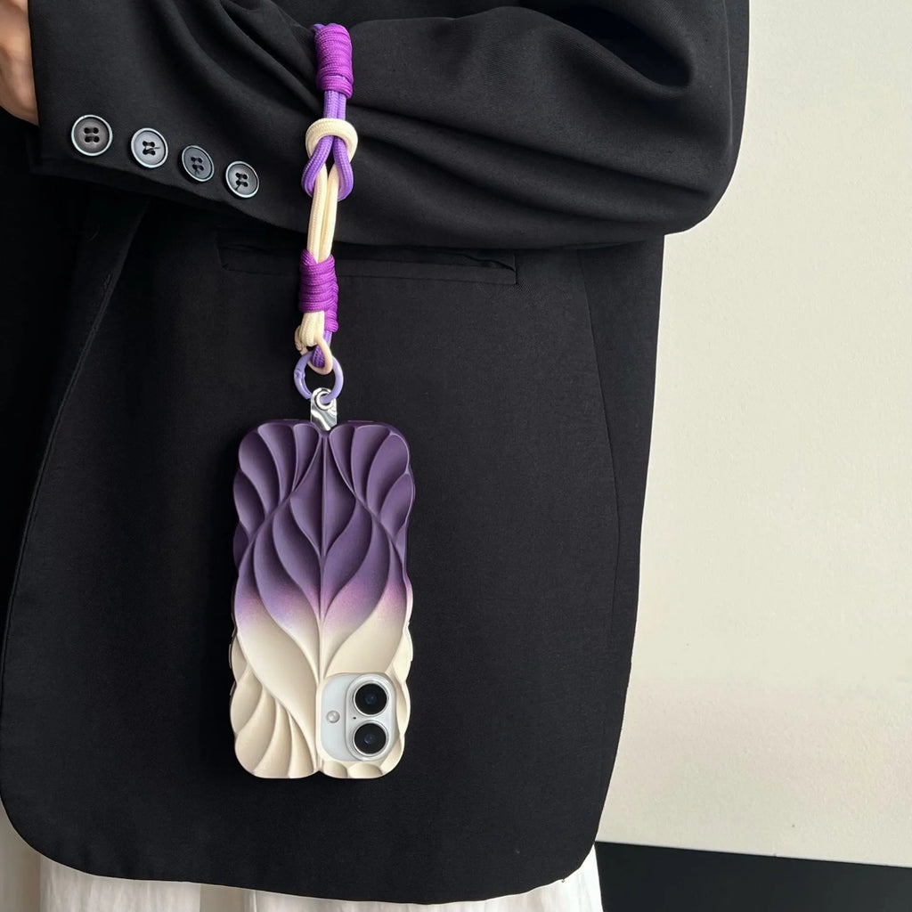 Ins style leaf pattern gradient TPU phone case with wristband in purple gray colour for iPhone 14 Pro Max