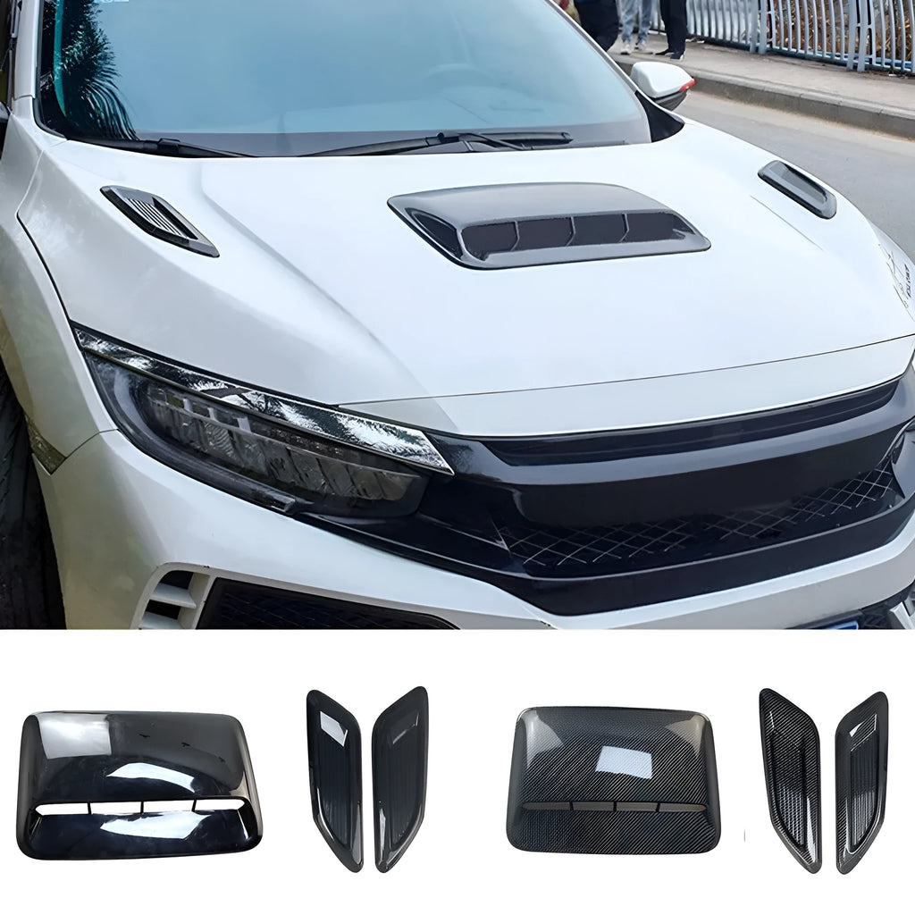 Car airscoop shroud set showing main 40cm cover and two side vent panels in black or carbon fibre finish