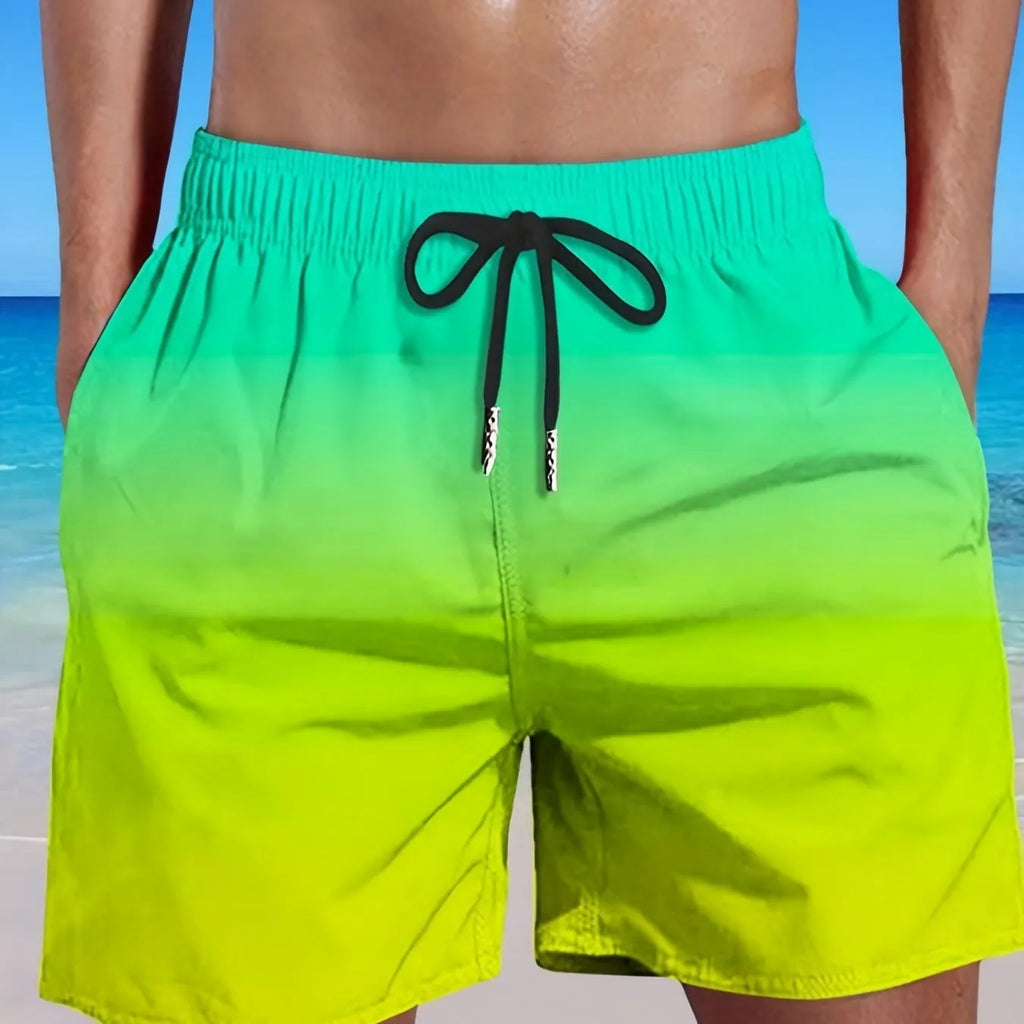 Men's grey gradient sport shorts made from mesh cloth, showing 3D digital printing design.