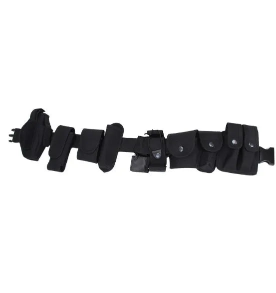 Black 600D nylon tactical duty belt with quick-release plastic buckle on plain background
