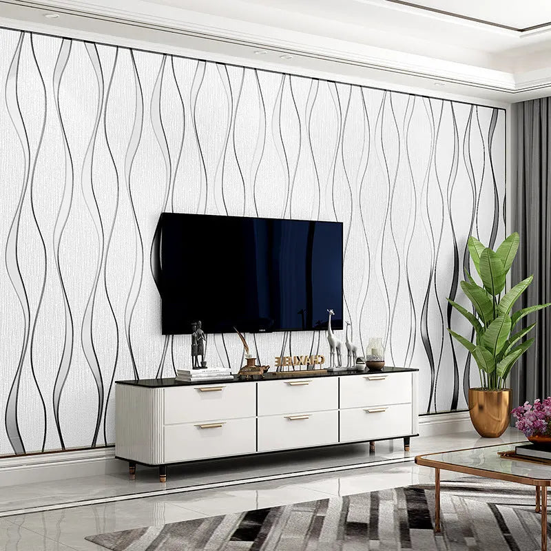 Close-up of dark brown 3D striped wallpaper with thick deerskin velvet texture.