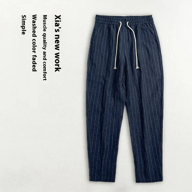 Men's striped linen-cotton casual trousers in a cropped summer length