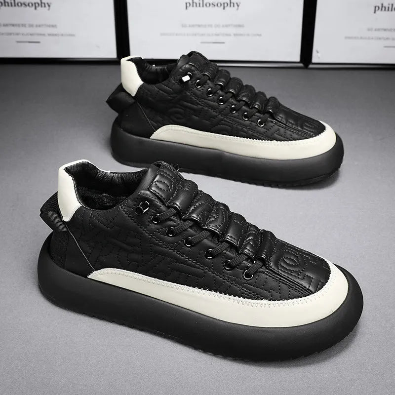 Men's leather sports casual board shoes in black and orange, synthetic PU upper, thick round toe with elastic band