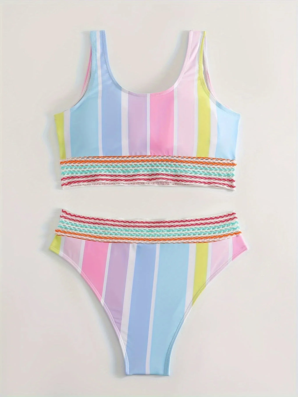 Women's striped two-piece bikini set in briefs style, shown in picture colour, for swimming and sports.