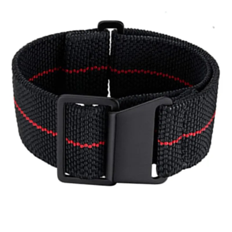 Elastic nylon watchband in green, blue, or black with silver buckle or black button, available in 18mm, 20mm, and 22mm widths.