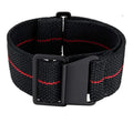 Elastic nylon watchband in green, blue, or black with silver buckle or black button, available in 18mm, 20mm, and 22mm widths.