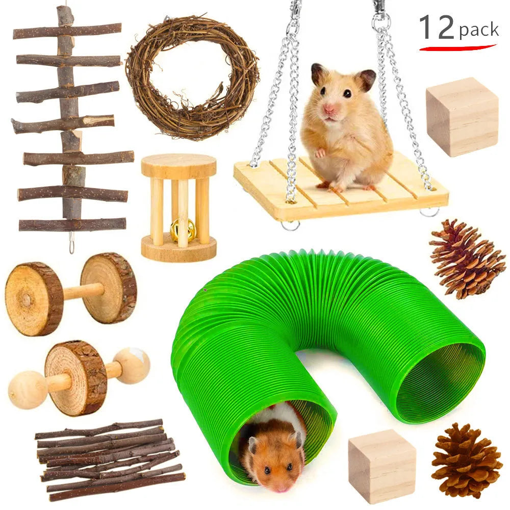 Assorted wooden chew toys for small pets including balls and mats on a neutral background.