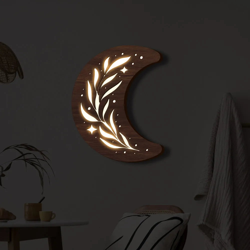 Bohemian style three-dimensional wooden leaf crescent pendant lamp with basswood construction