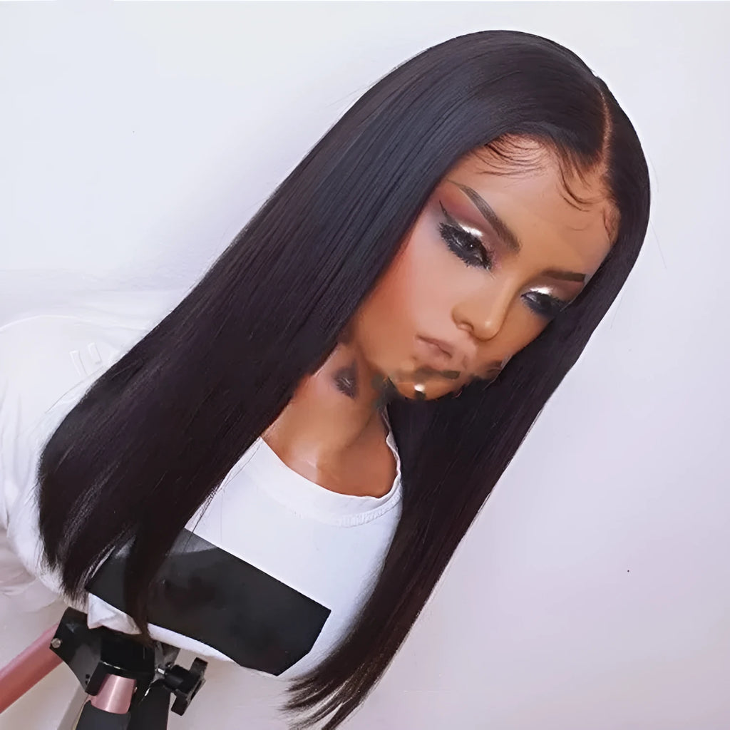 Women's front lace wig medium long straight black hair fully hand-woven synthetic