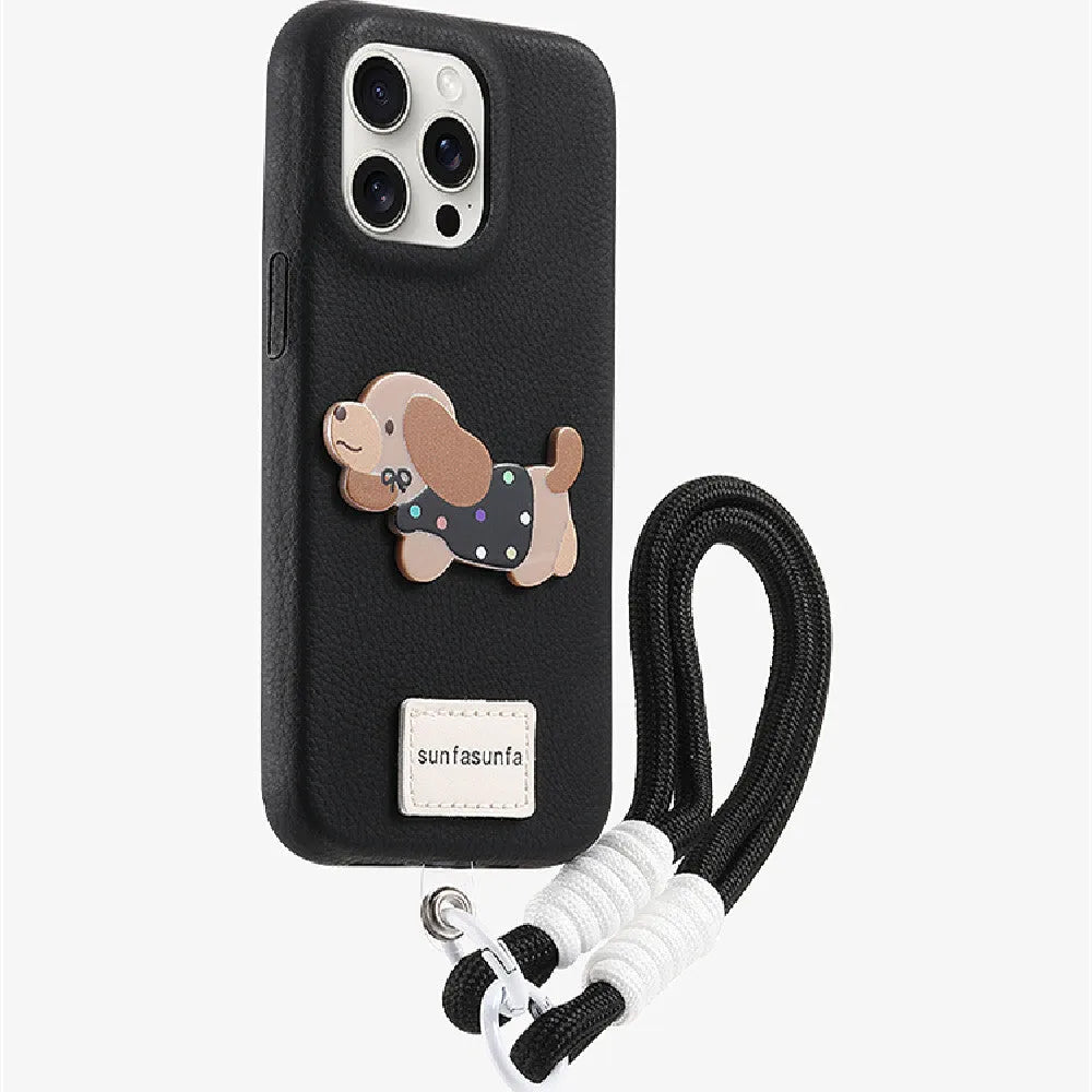 Silicone anti drop phone case with lanyard and polka dot dog design for Apple iPhone
