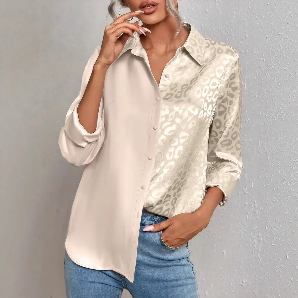 Women's leopard print long-sleeved double shirt in champagne, polyester fabric, sizes S to XL