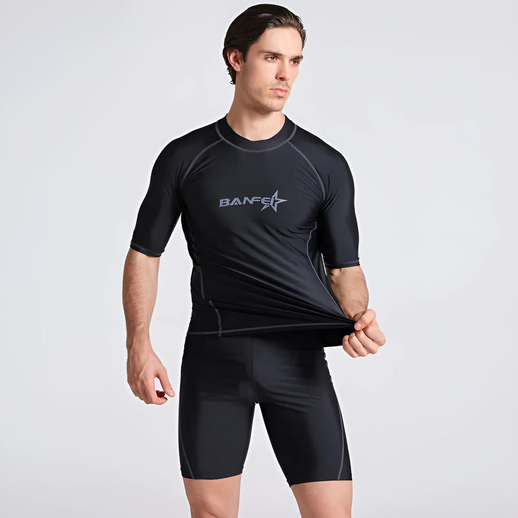Men's quick-drying half sleeve nylon wetsuit top and pants for snorkelling and surfing