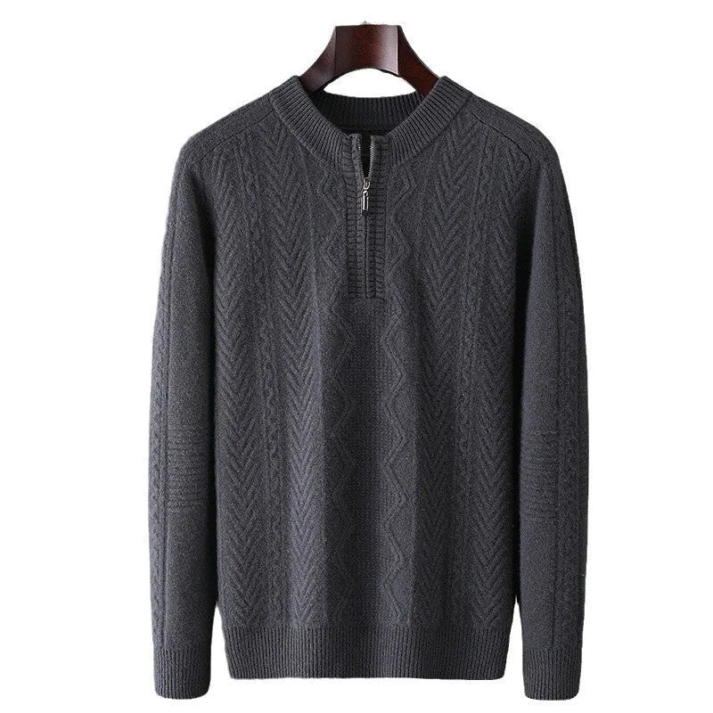 Men's loose fit pure wool sweater with diamond lattice pattern and half zip in camel colour.