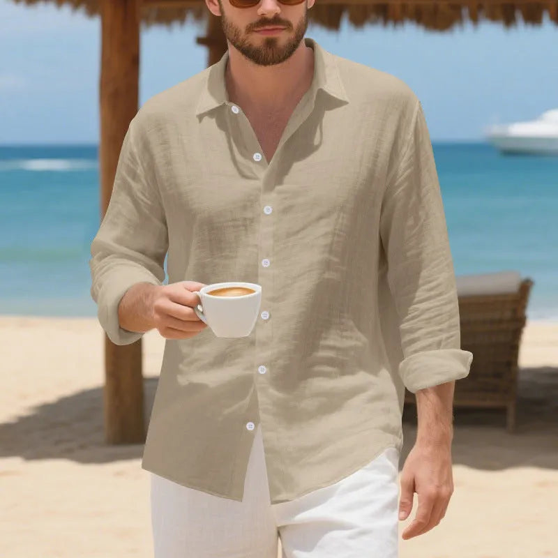 Man wearing a loose-fit light blue linen casual shirt with non-iron finish, showing relaxed American style.