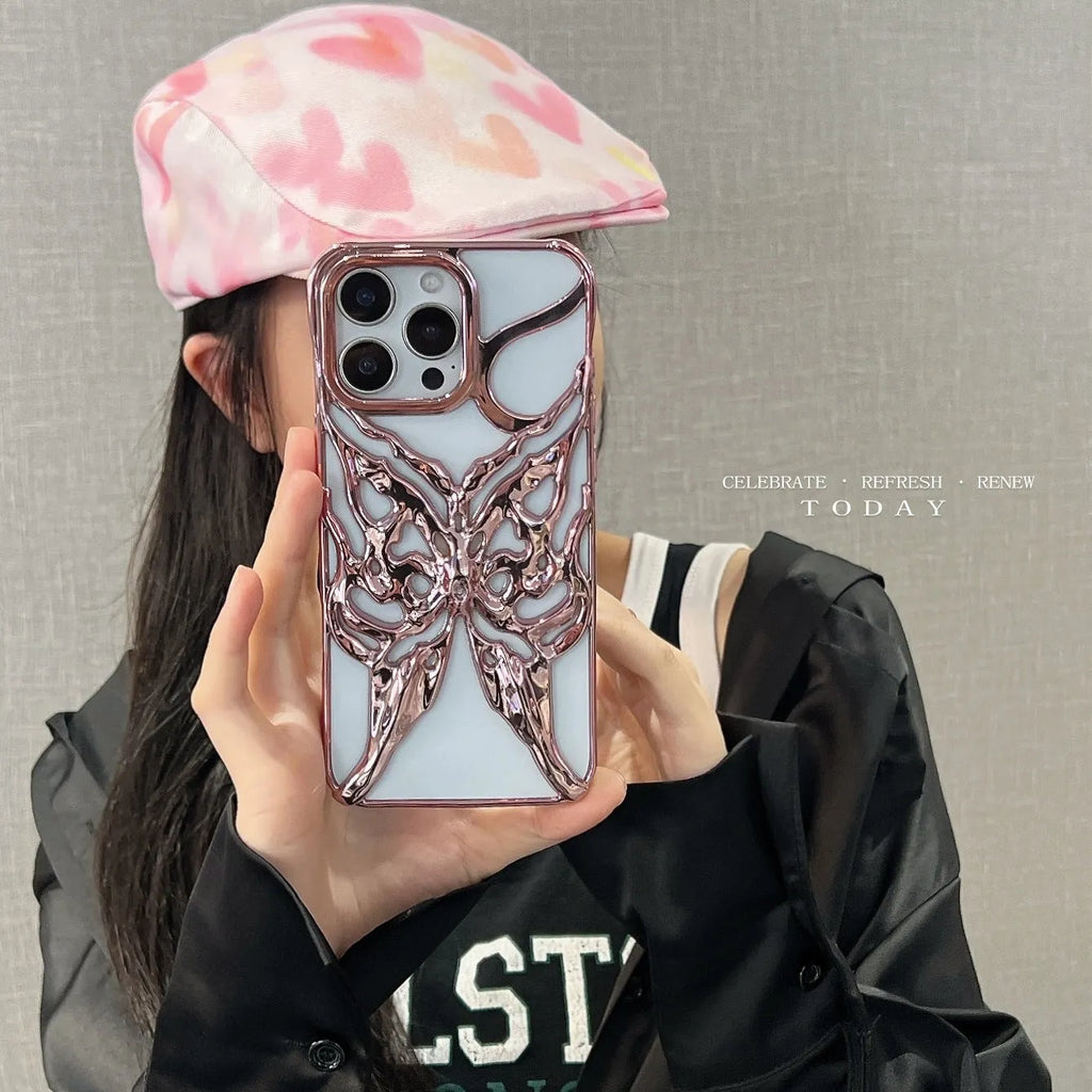 Apple iPhone 16 Pro TPU phone case with electroplated hollow 3D butterfly design in silver, showing full coverage fit