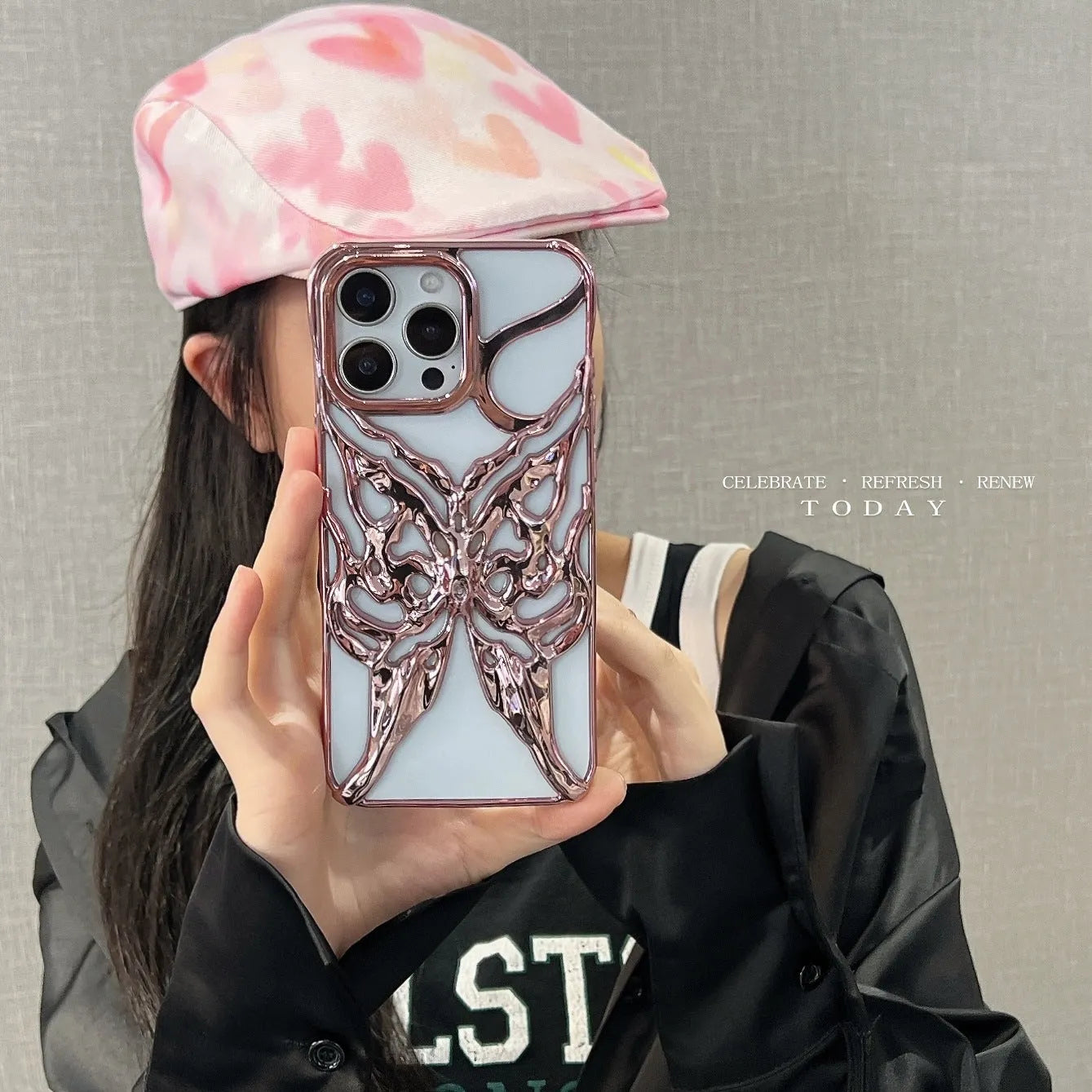 Apple iPhone 16 Pro TPU phone case with electroplated hollow 3D butterfly design in silver, showing full coverage fit