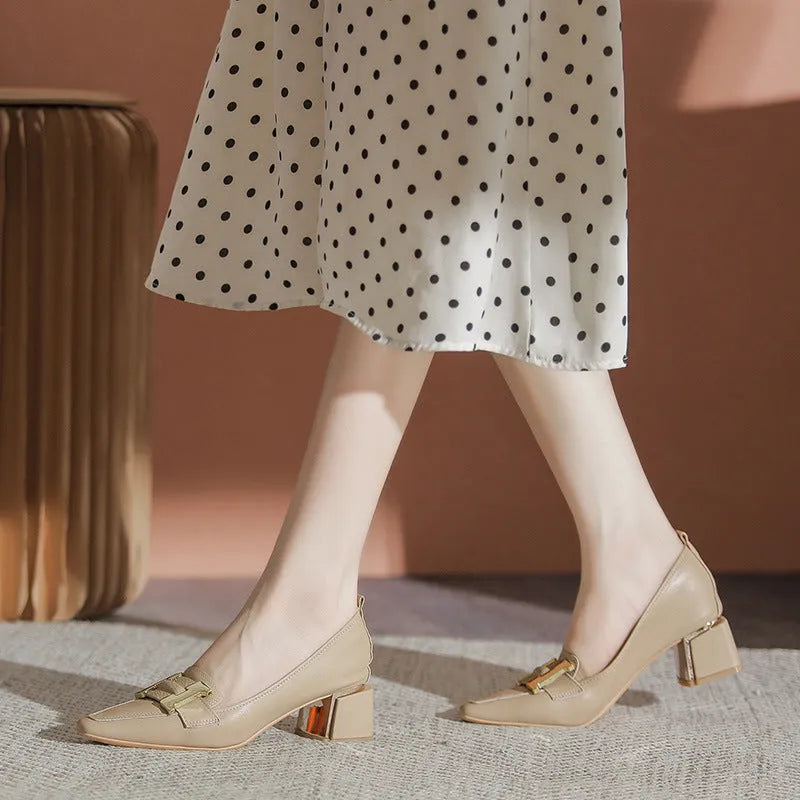 Chunky heel commuter shoes in black, khaki or beige with low top cut, block heel, microfiber upper and rubber sole, sizes 34-40