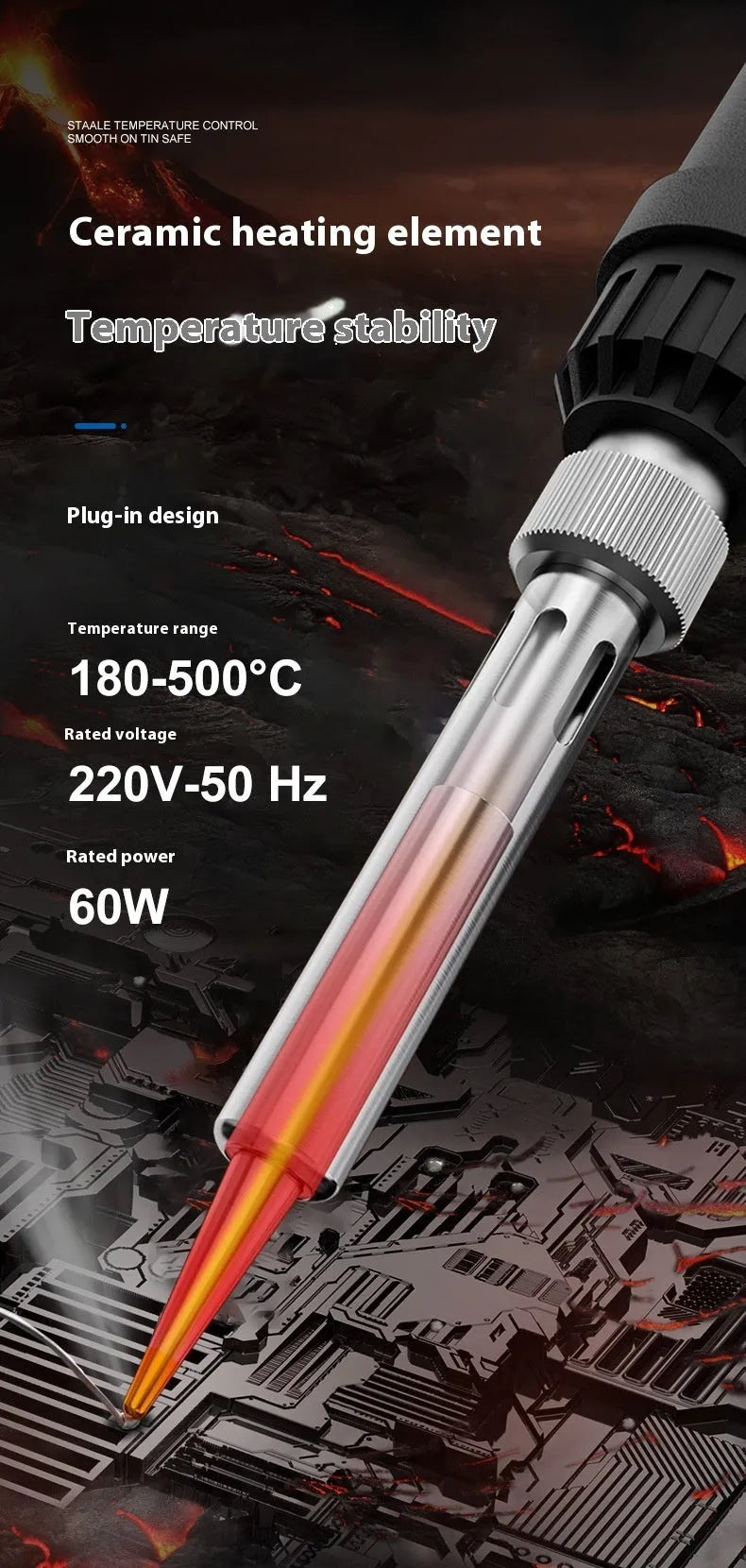Grey electric soldering iron with ceramic heating core and accessories for household welding