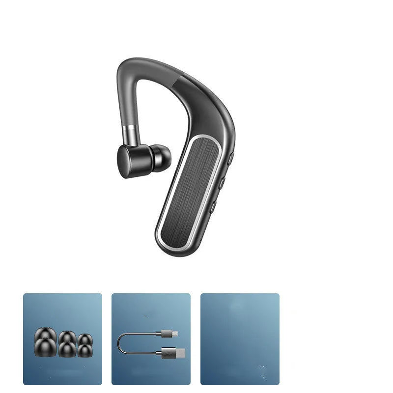 Black hanging-ear Bluetooth sports earphones shown with a charging cable and three pairs of silicone ear caps.