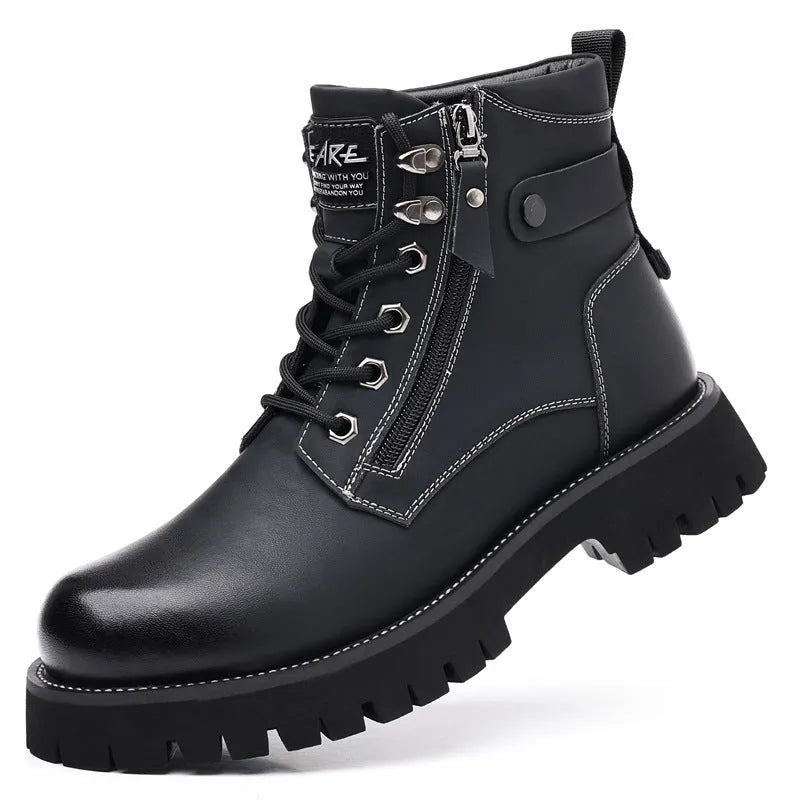 Men's brown leather high-top Martin boots with a side zipper and mid-heel on a wooden floor.