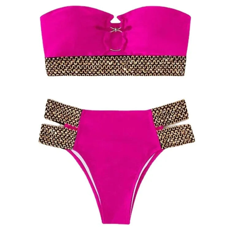 Hollow beach bikini split swimsuit in black with chest pad nylon fabric women two piece