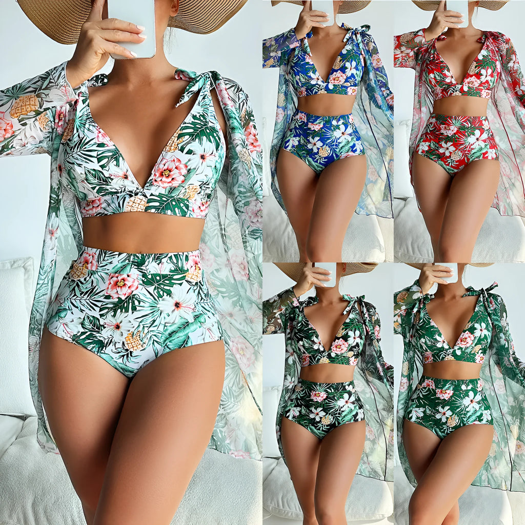 Women's multicolour printed bikini three-piece set showing sunscreen shirt, bra, and shorts