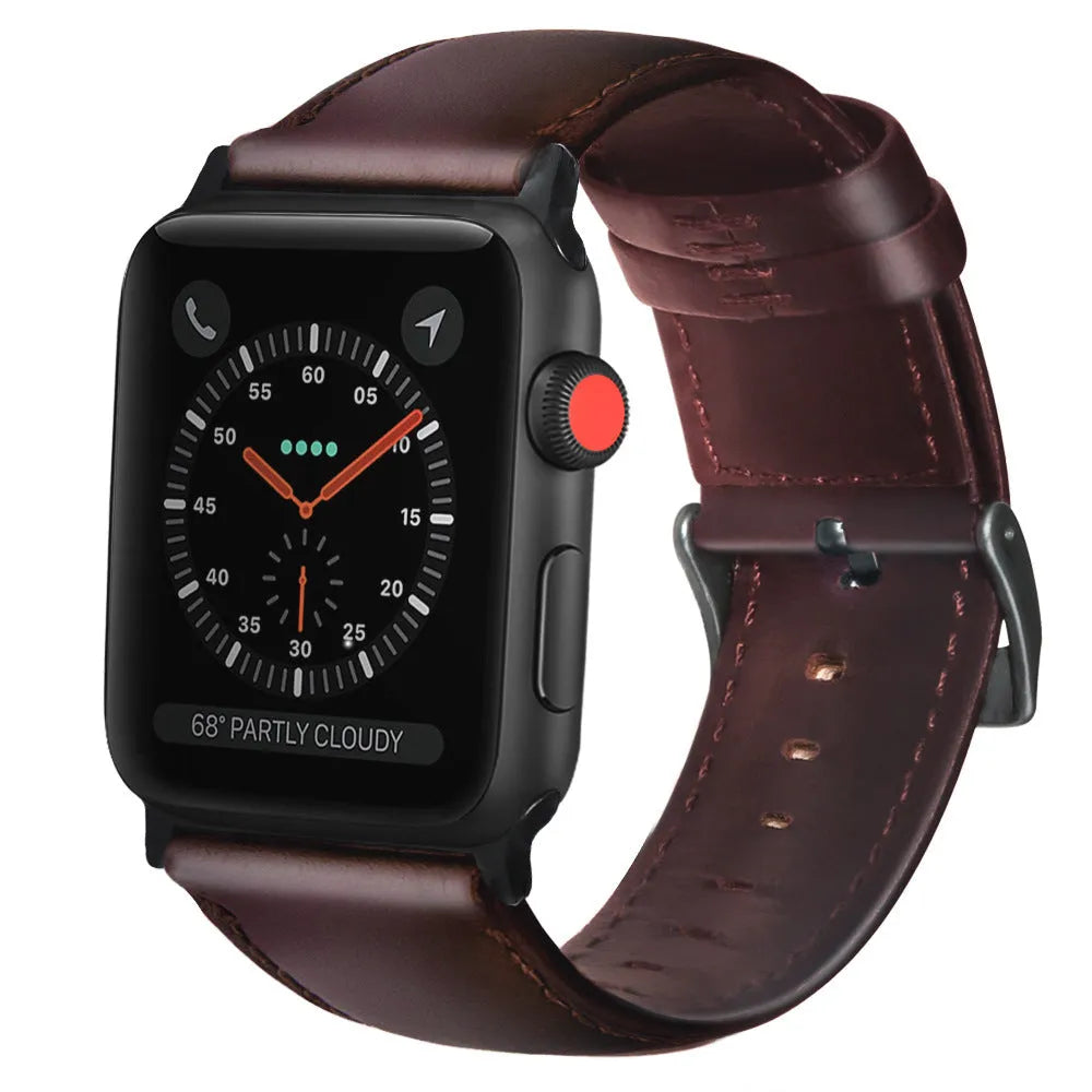 Top layer cowhide leather watch strap for Apple Watch 38-40mm and 42-44mm in oil wax finish, black colour option