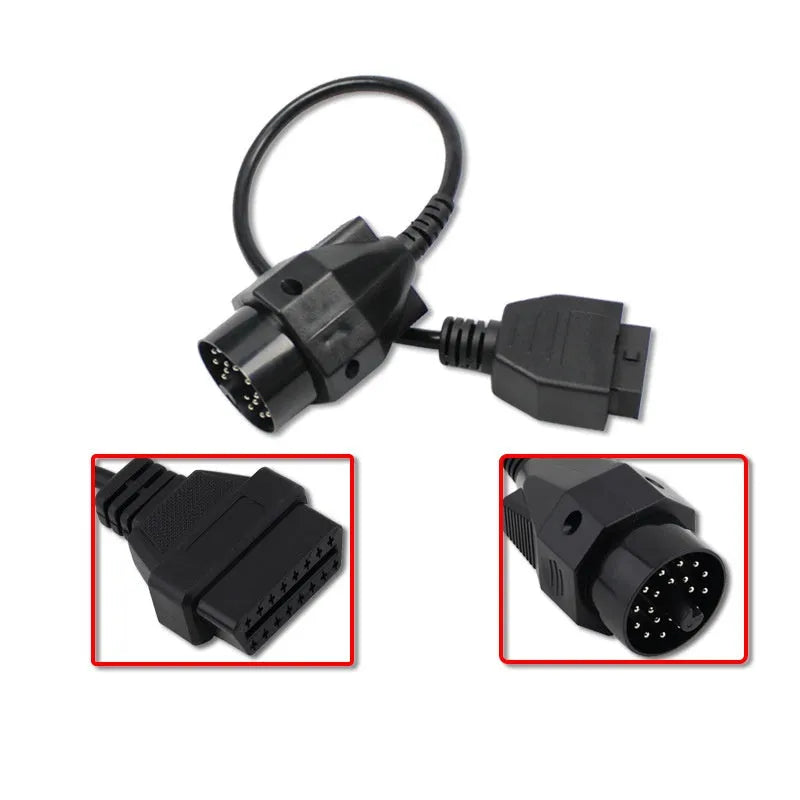 OBD2 adapter cable with a BMW 20-pin connector on one end and a standard 16-pin OBD2 connector on the other.