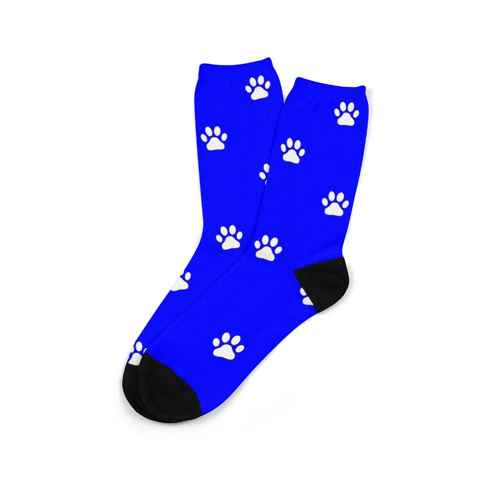 Custom printed mid-calf socks with personalised photo design in blue colour, medium thickness polyester fabric