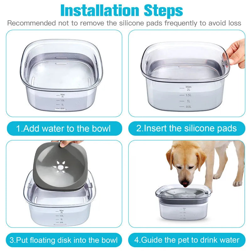 Large transparent pet water bowl with floating slow-feeder disk inside.