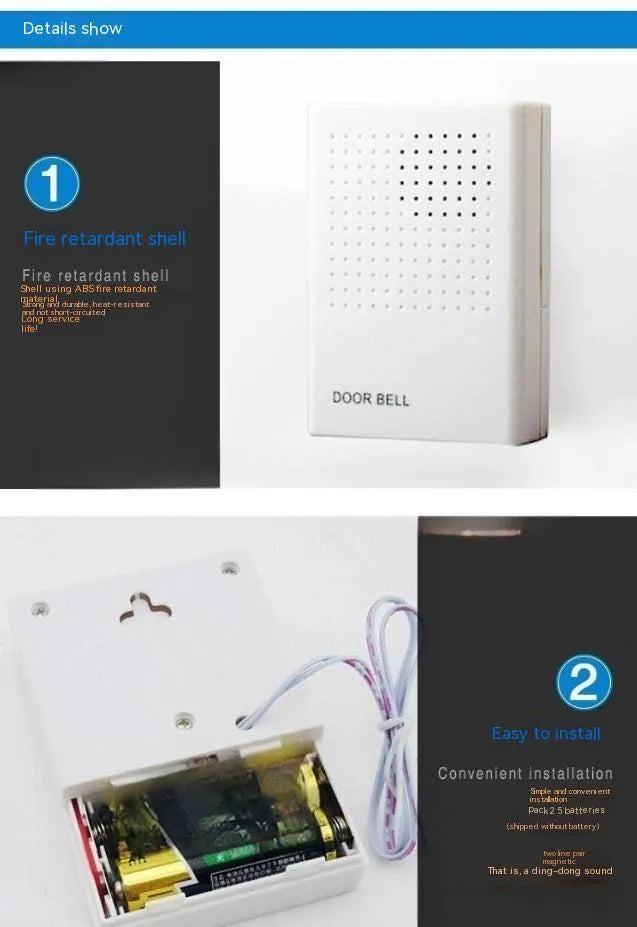 White wired doorbell 87x62x23mm battery-mounted for hotels and home use