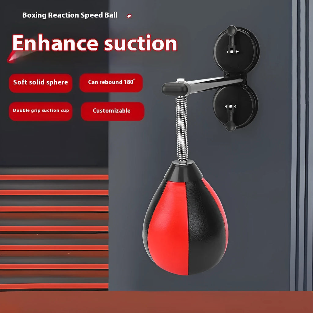 Pear-shaped inflatable punching ball with red and black design mounted with suction cups for boxing training